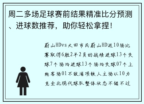 周二多场足球赛前结果精准比分预测、进球数推荐，助你轻松拿捏！