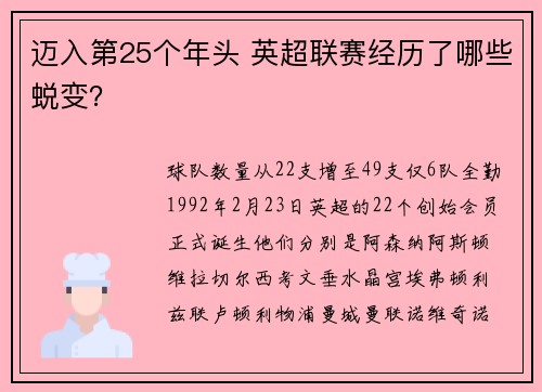 迈入第25个年头 英超联赛经历了哪些蜕变？